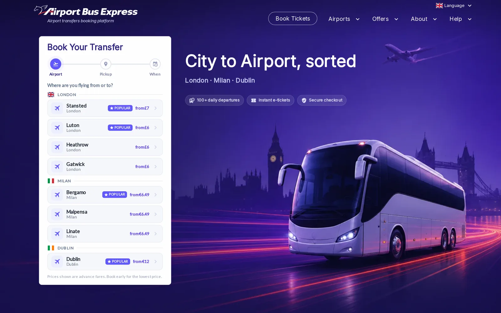 The Airport Bus Express booking page on a desktop, listing airports in London, Milan and Dublin with fares