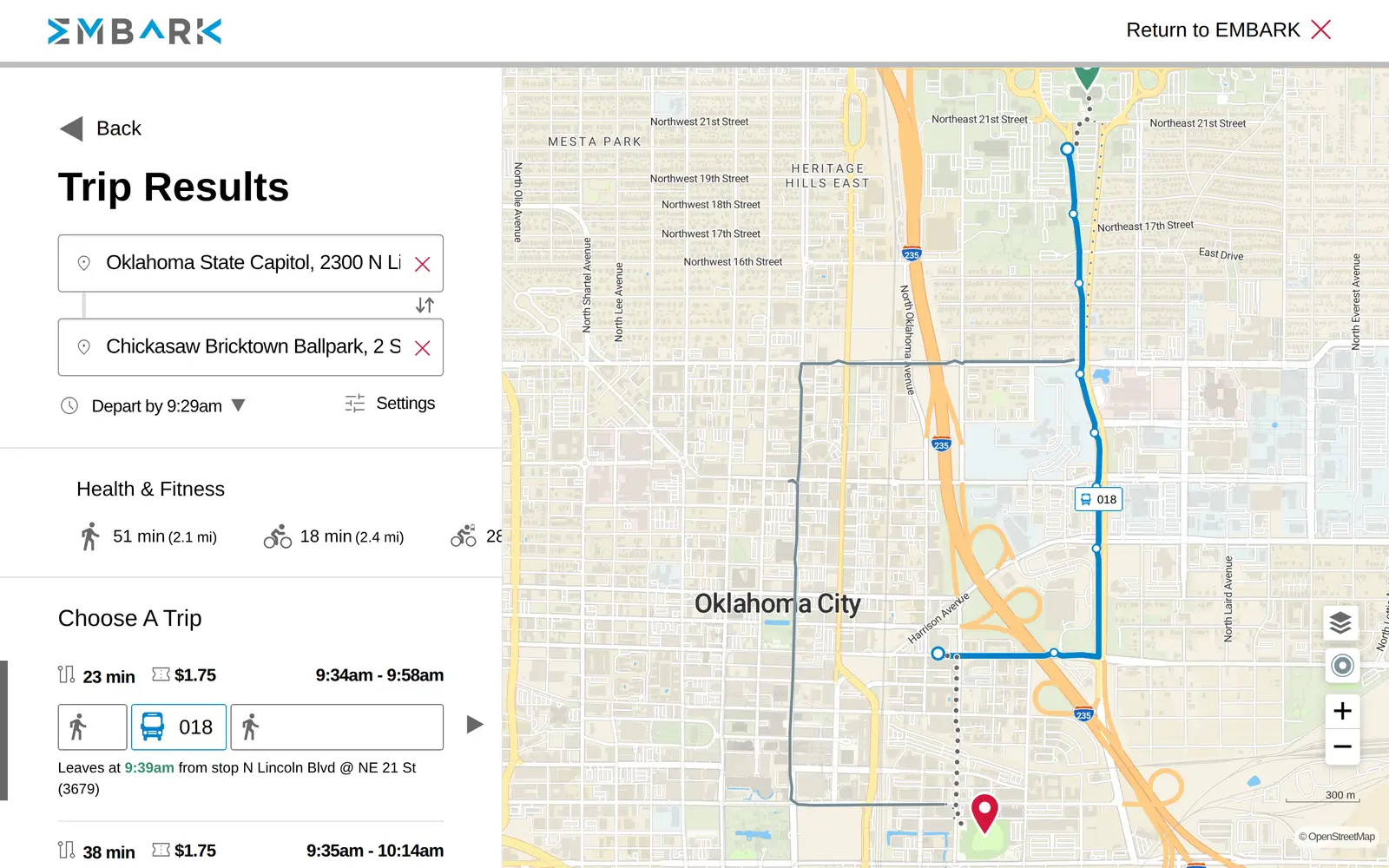 The Embark trip planner on a desktop, showing a bus trip from the Oklahoma State Capitol to Chickasaw Bricktown Ballpark on a map