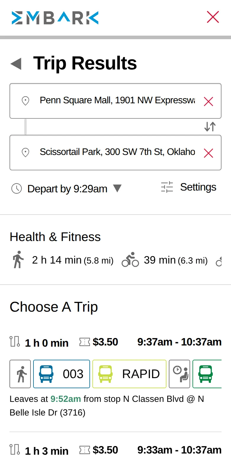 The trip planner on a phone, listing trips from Penn Square Mall to Scissortail Park with their buses and fares