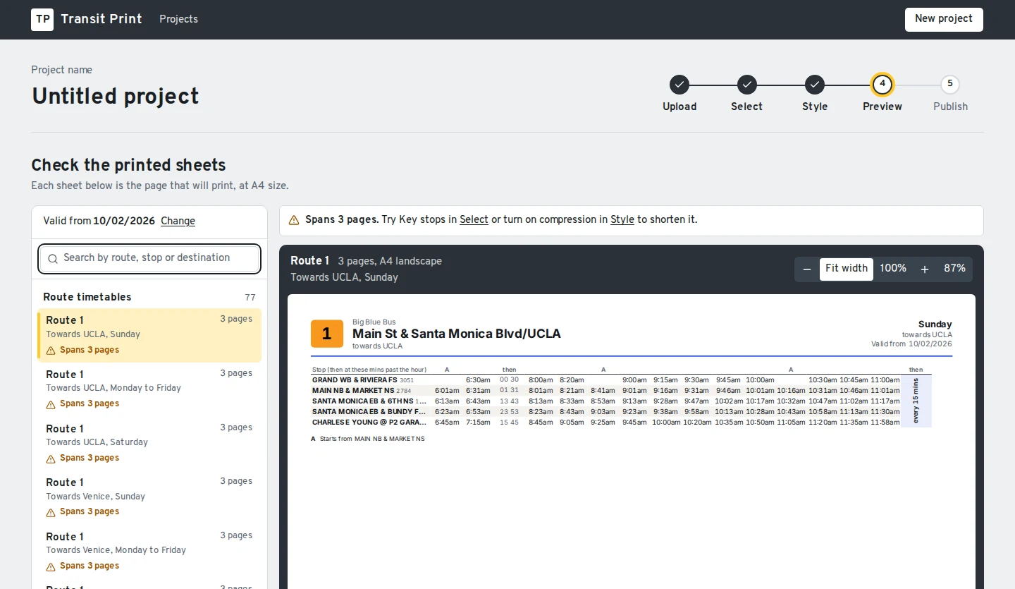 Transit Print's preview step, showing a route timetable as it will print at A4